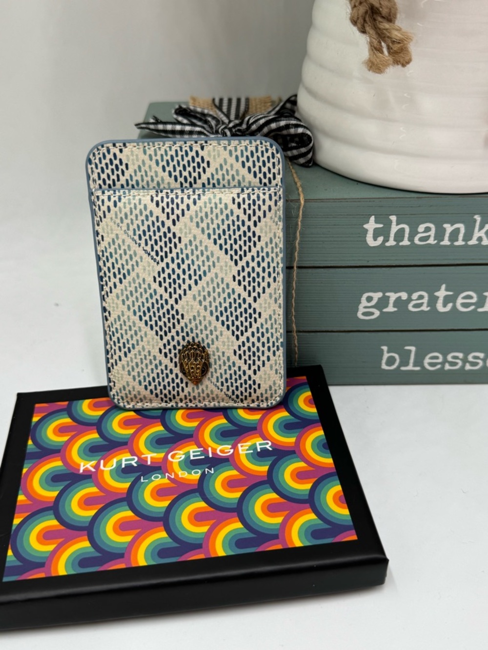 Kurt Geiger London Blue & White Monogram Phone Sticker Card Holder – Eagle Head